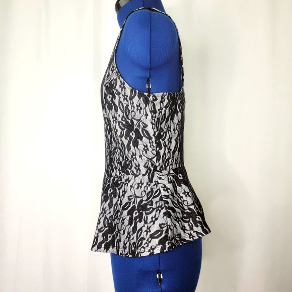Express Black White Embroidered Floral Mesh Peplum Blouse Top NWT - Picture 2 of 6